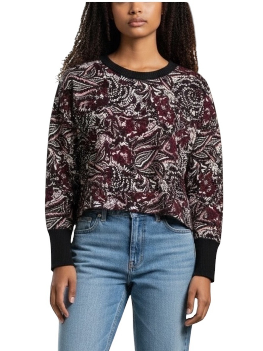 Joie Caliegh Cranberry Paisley Floral Semi Cropped Sweatshirt